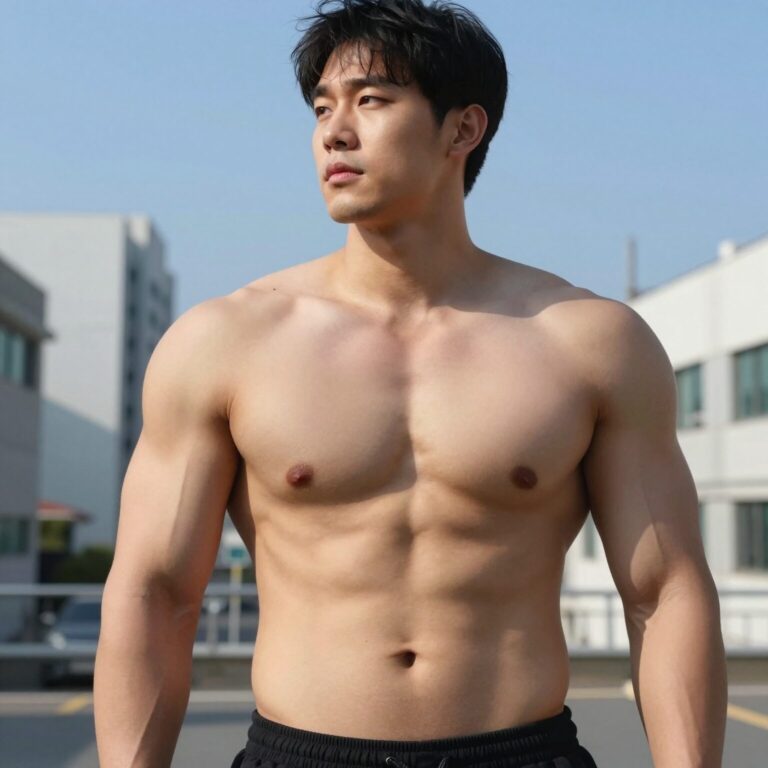 헐리 남성 래쉬가드 착용 모습 가슴 근육 강조