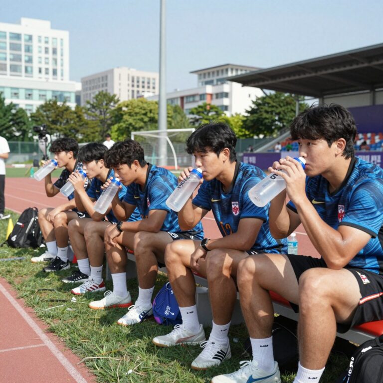 2026 북중미 월드컵 경기 중 선수들이 하이드레이션 브레이크 시간에 벤치에서 물을 마시는 장면