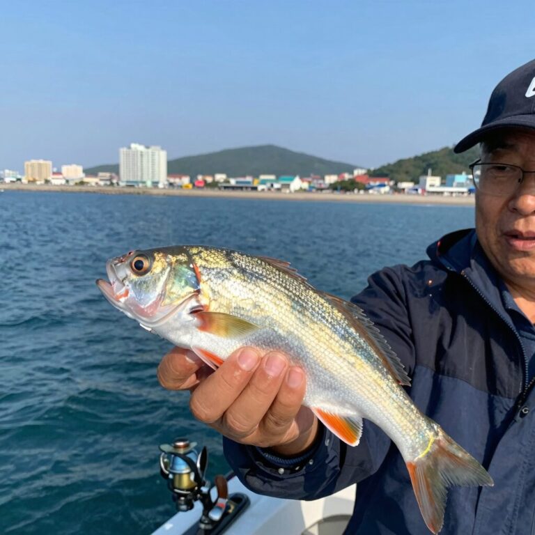 인천 배낚시 체험 중 광어를 낚아 올리는 모습, 시원한 바다와 함께하는 여름 휴가