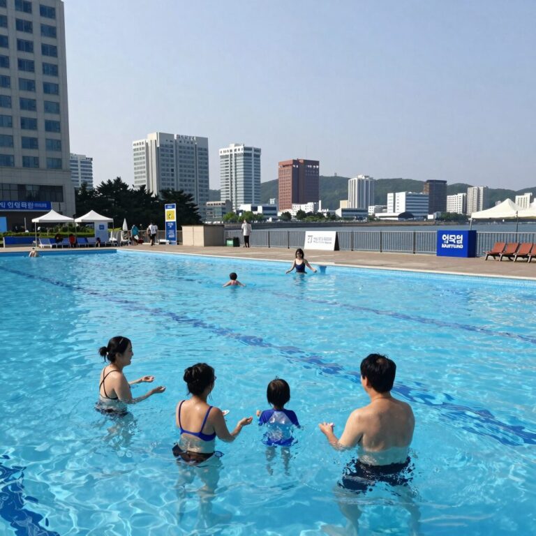 인천 수영장 호텔에서 가족이 물놀이를 즐기는 모습