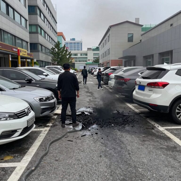인천 서구 아파트 전기차 화재 후 검은 그을음으로 뒤덮인 지하주차장 내 차량들