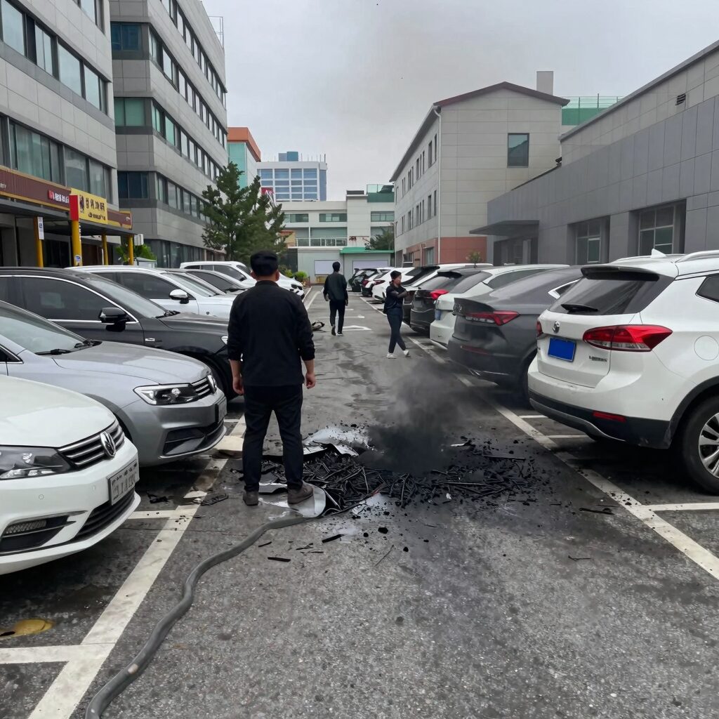 인천 서구 아파트 전기차 화재 후 검은 그을음으로 뒤덮인 지하주차장 내 차량들