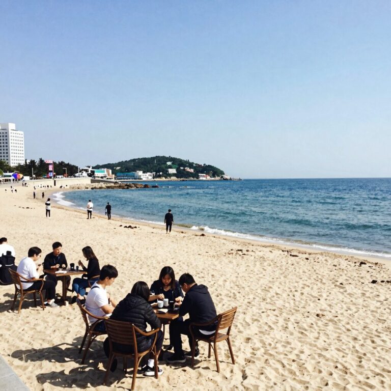 햇빛이 반짝이는 이파네마 해변과 주변 카페