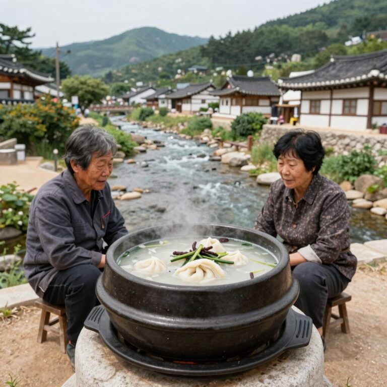용인 장수촌의 누룽지 삼계탕이 담긴 냄비와 주변 계곡 풍경