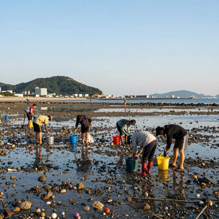 자월도 장골해수욕장에서 해루질하는 사람들 갯벌에 조개 구멍이 보이는 석양 풍경