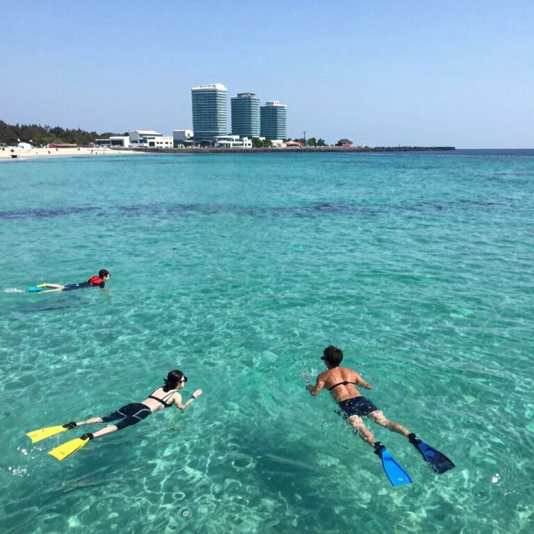 제주 코난해변 에메랄드빛 바다와 스노쿨링 장비