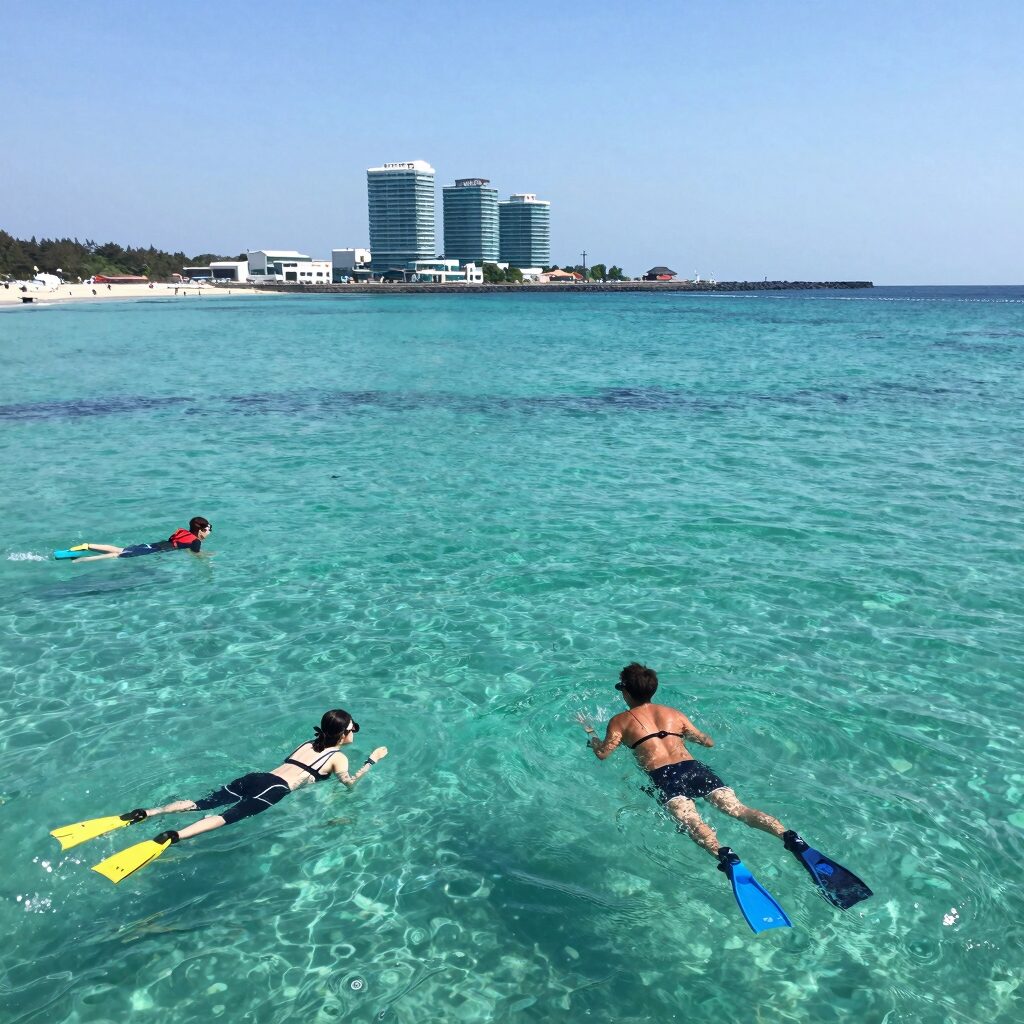 제주 코난해변 에메랄드빛 바다와 스노쿨링 장비