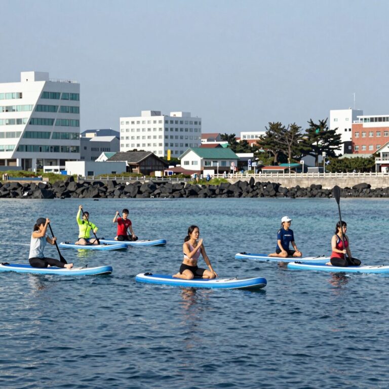 제주도 서귀포 텐타임즈에서 스킨스쿠버와 패들보드 요가를 체험하는 사람들의 모습