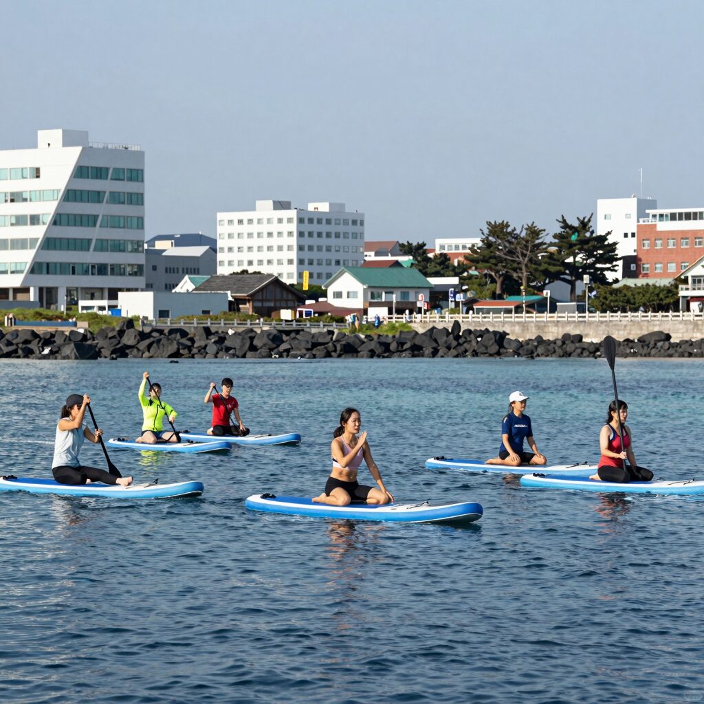 제주도 서귀포 텐타임즈에서 스킨스쿠버와 패들보드 요가를 체험하는 사람들의 모습