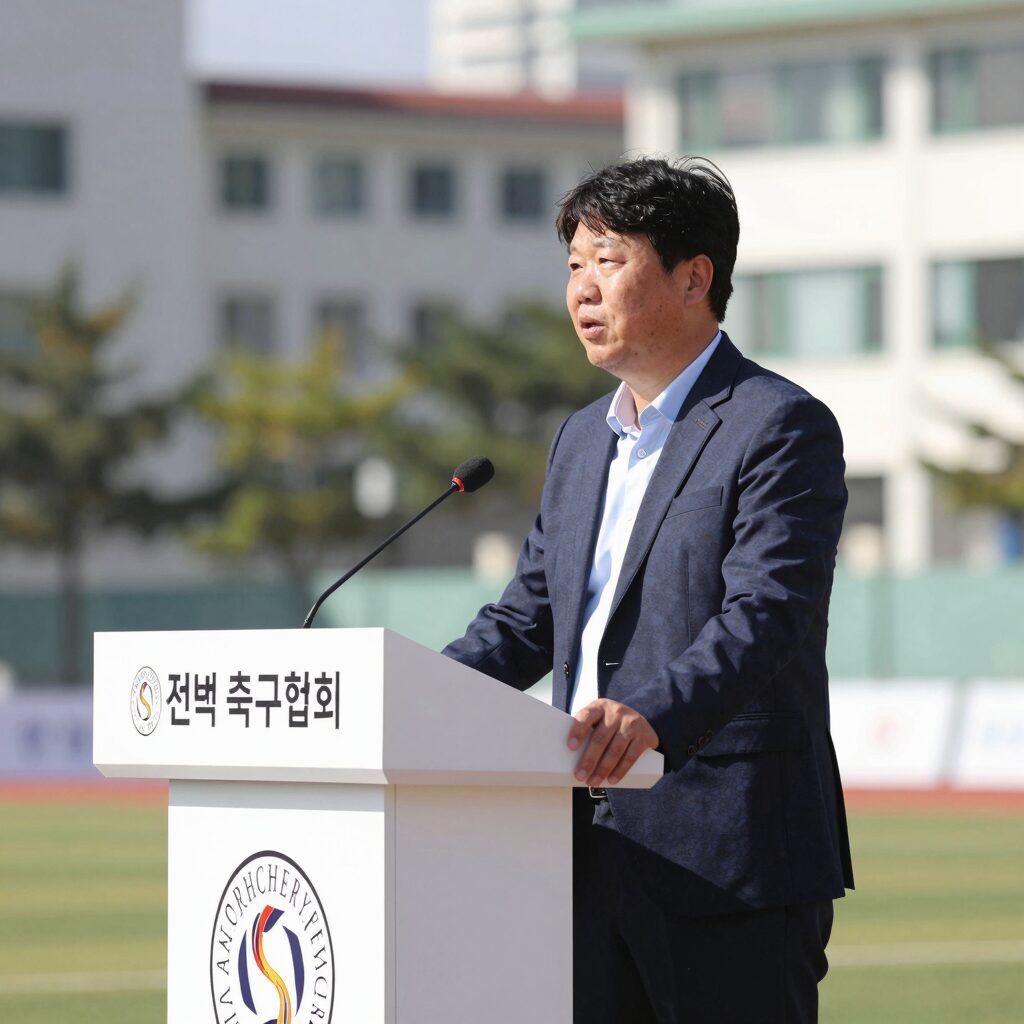 전북 축구협회장이 지역 축구 행사에서 연설하는 모습