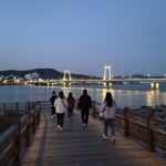 전라도 여름 밤 야경 투어 명소 전라도 여수 소호동동다리에서 바라본 야경, 바다 위를 걷는 데크길과 조명이 어우러진 장면