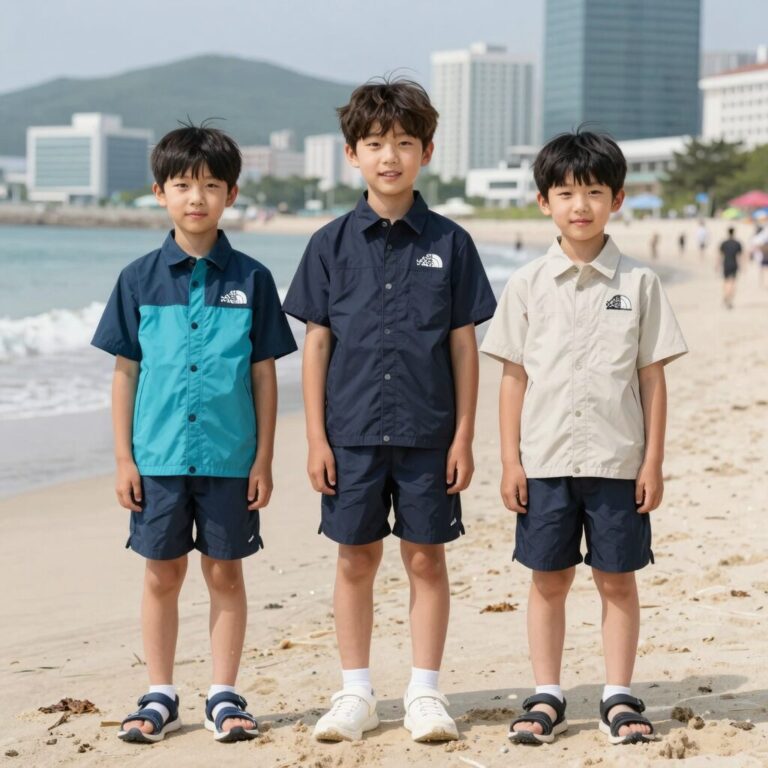 노스페이스 키즈 래쉬가드 착용 모습 - 여름 물놀이 코디