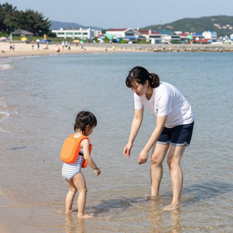 구명조끼를 입은 어린이가 해변에서 부모와 함께 물놀이를 즐기는 모습