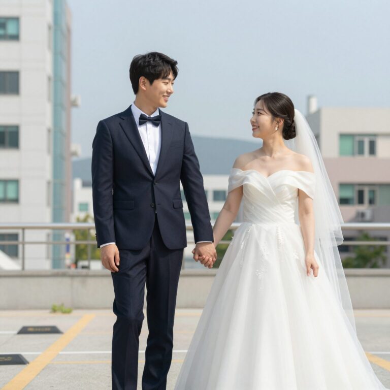 김기리와 문지인이 손을 잡고 있는 다정한 웨딩 화보