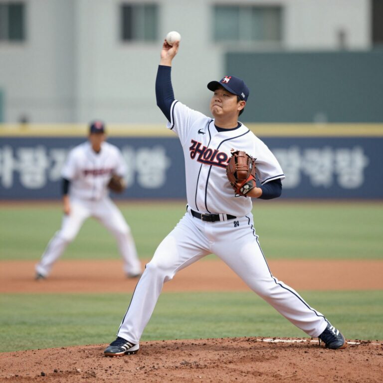 삼성 라이온즈 유니폼을 입고 역동적으로 공을 던지는 김현준 투수의 모습