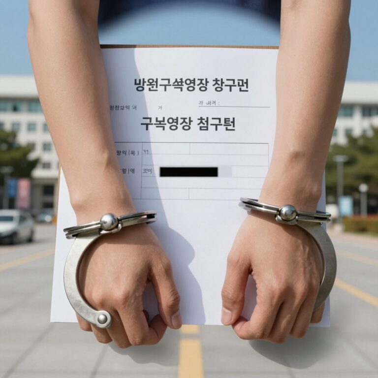법원 구속영장 청구서와 수갑 이미지
