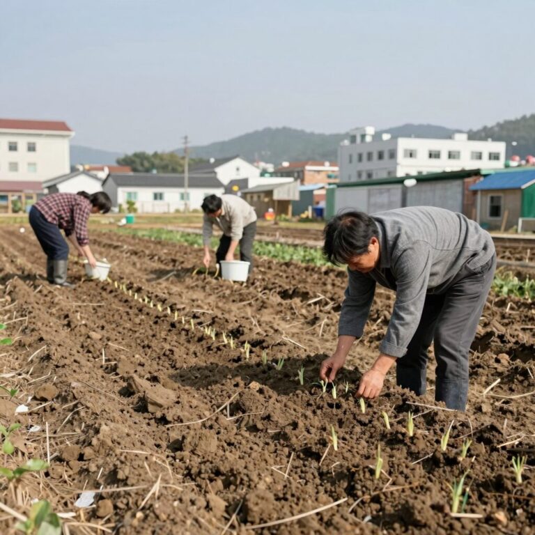김장무 씨앗을 흙에 파종하는 모습, 포기 간격과 줄 간격을 표시한 텃밭 사진