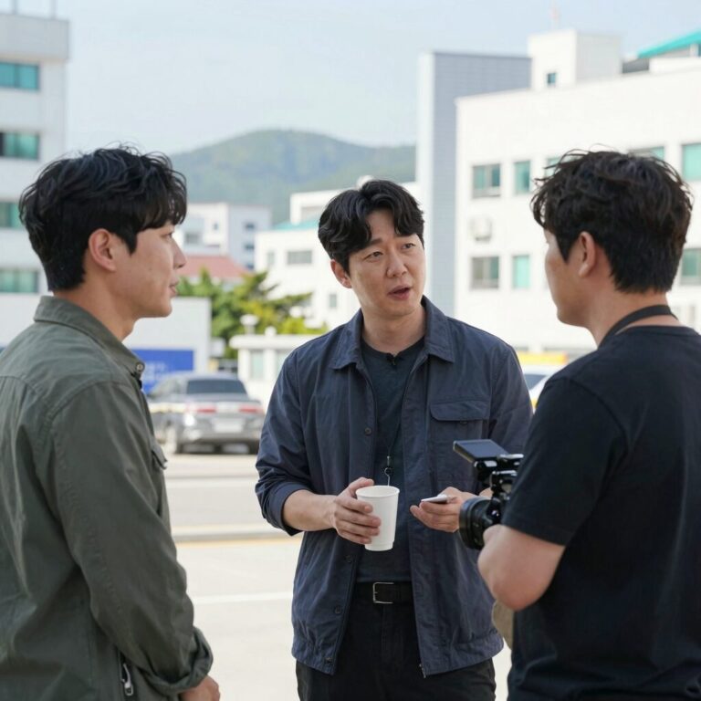 김현지 PD가 방송 촬영 현장에서 스태프와 함께 대화하는 모습