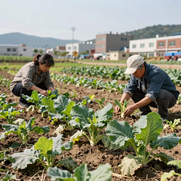 햇볕이 잘 드는 텃밭에 김장배추 모종을 심는 모습