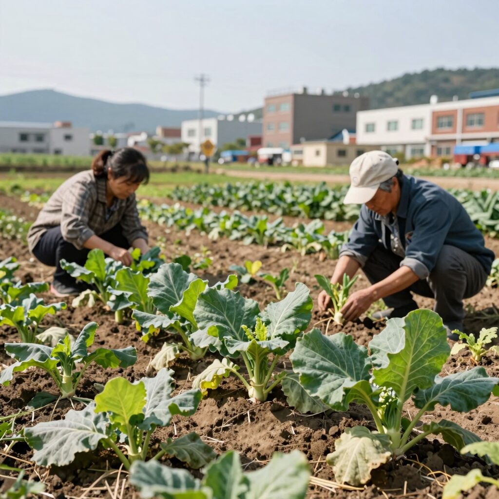 햇볕이 잘 드는 텃밭에 김장배추 모종을 심는 모습