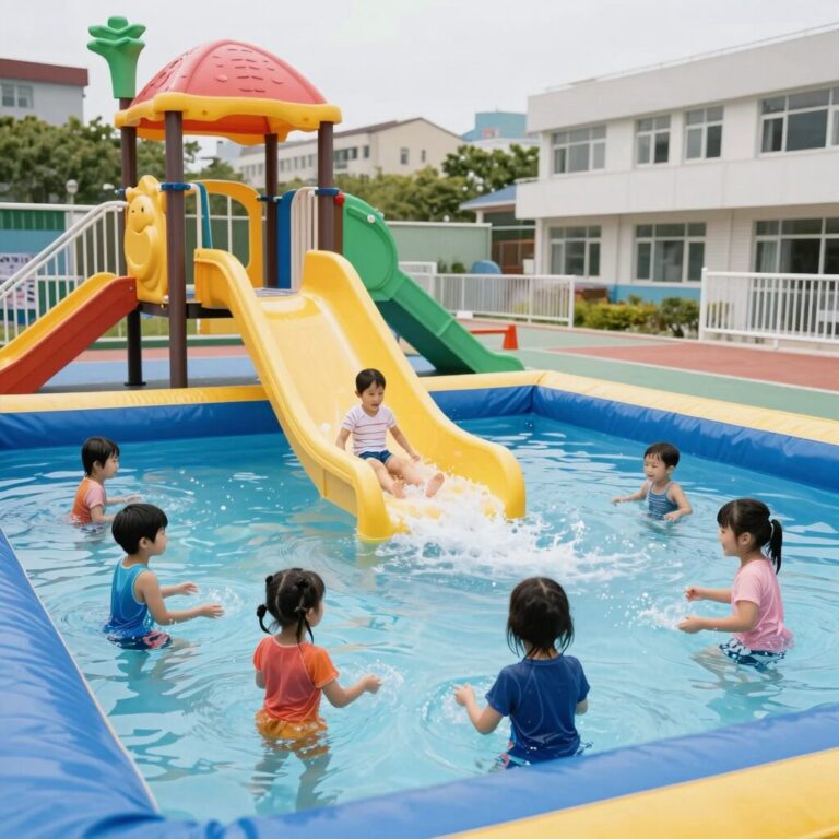 유치원 운동장에서 아이들이 물놀이를 즐기는 모습, 워터슬라이드와 에어바운스가 설치되어 있다