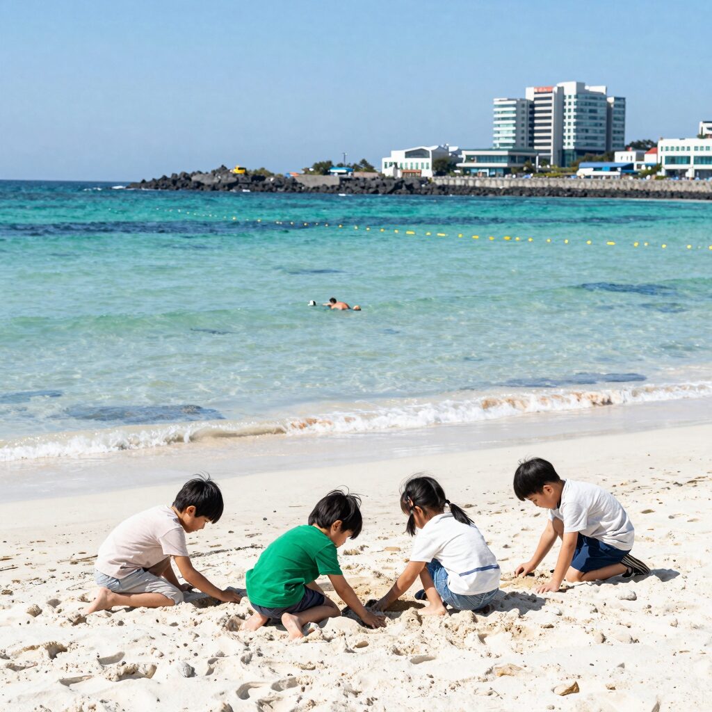 제주 김녕해수욕장 에메랄드빛 바다와 아이들이 모래놀이하는 모습