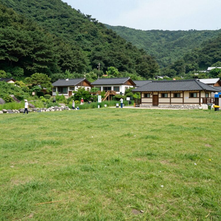 담양 계곡 펜션 콩니네집 외부 전경과 잔디밭, 계곡 풍경
