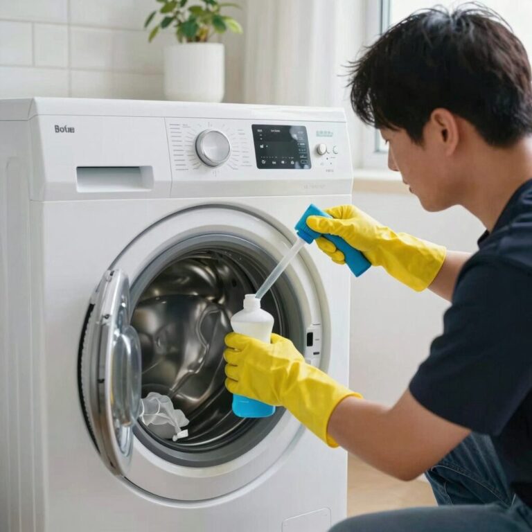 세탁기 고무 패킹과 세제통을 청소하는 모습