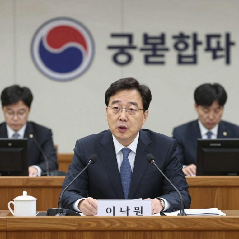 이억원 금융위원장이 국회 정무위원회 회의실에서 당정협의를 진행하며 발언하는 모습, 배경에는 금융위원회 로고와 모니터가 보인다