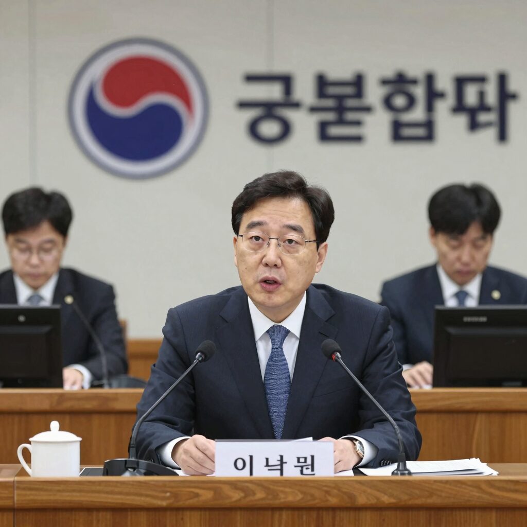 이억원 금융위원장이 국회 정무위원회 회의실에서 당정협의를 진행하며 발언하는 모습, 배경에는 금융위원회 로고와 모니터가 보인다