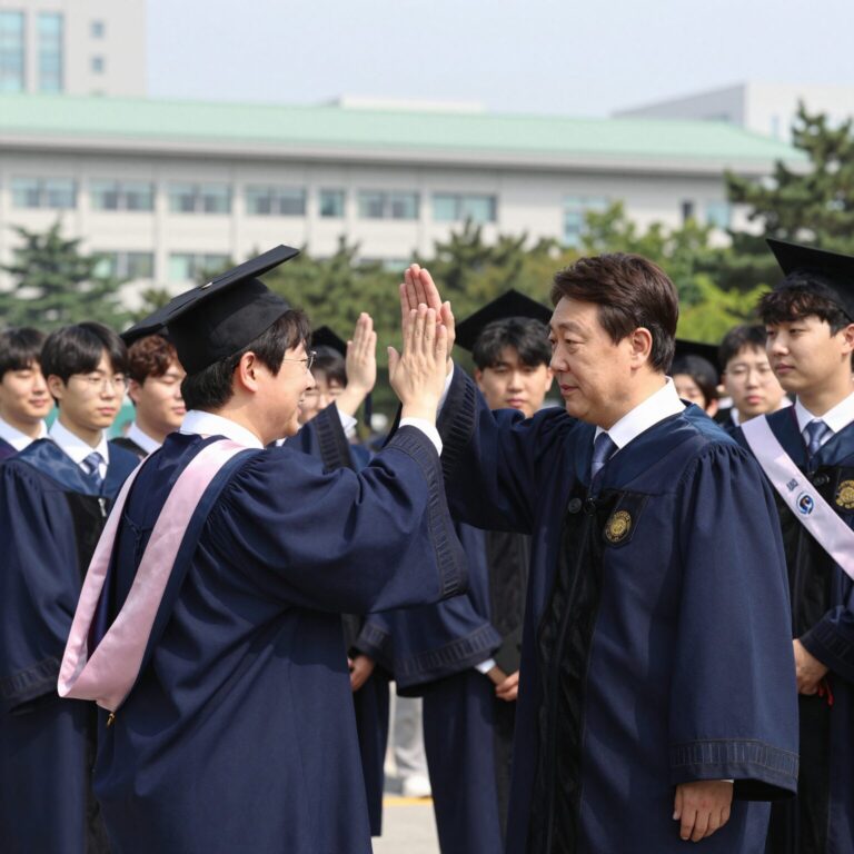 이재명 대통령이 KAIST 졸업식에서 학생들과 하이파이브를 나누는 모습, 과학기술인 존중과 R&D 복원 메시지를 상징한다