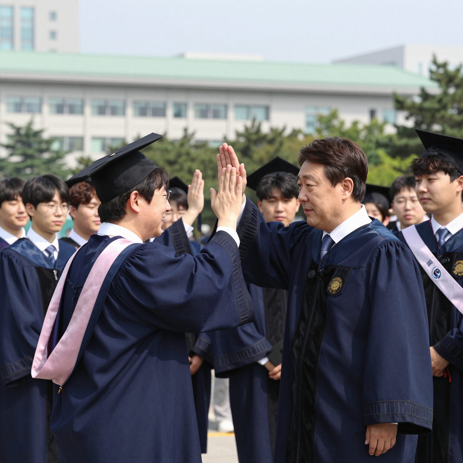 이재명 대통령이 KAIST 졸업식에서 학생들과 하이파이브를 나누는 모습, 과학기술인 존중과 R&D 복원 메시지를 상징한다