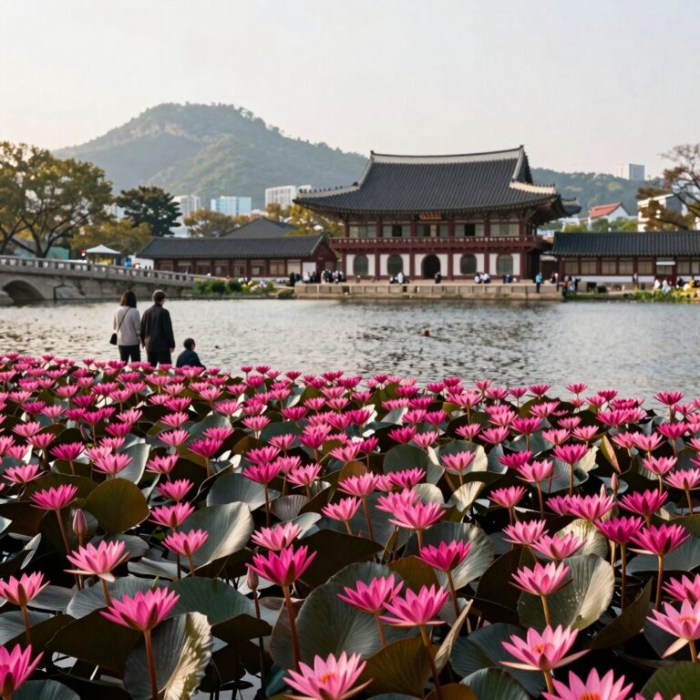 봉선사 연못에 가득 핀 분홍색 연꽃과 새벽 햇살이 비치는 풍경