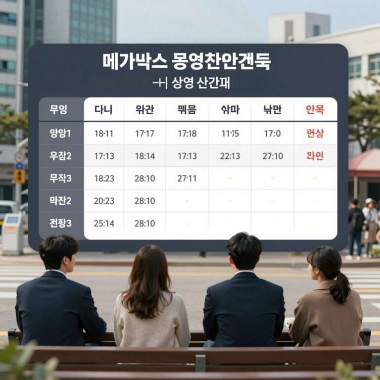 메가박스 공식 홈페이지에서 상영시간표를 조회하는 모습으로, 다양한 영화와 시간대, 잔여 좌석 정보를 확인할 수 있다.
