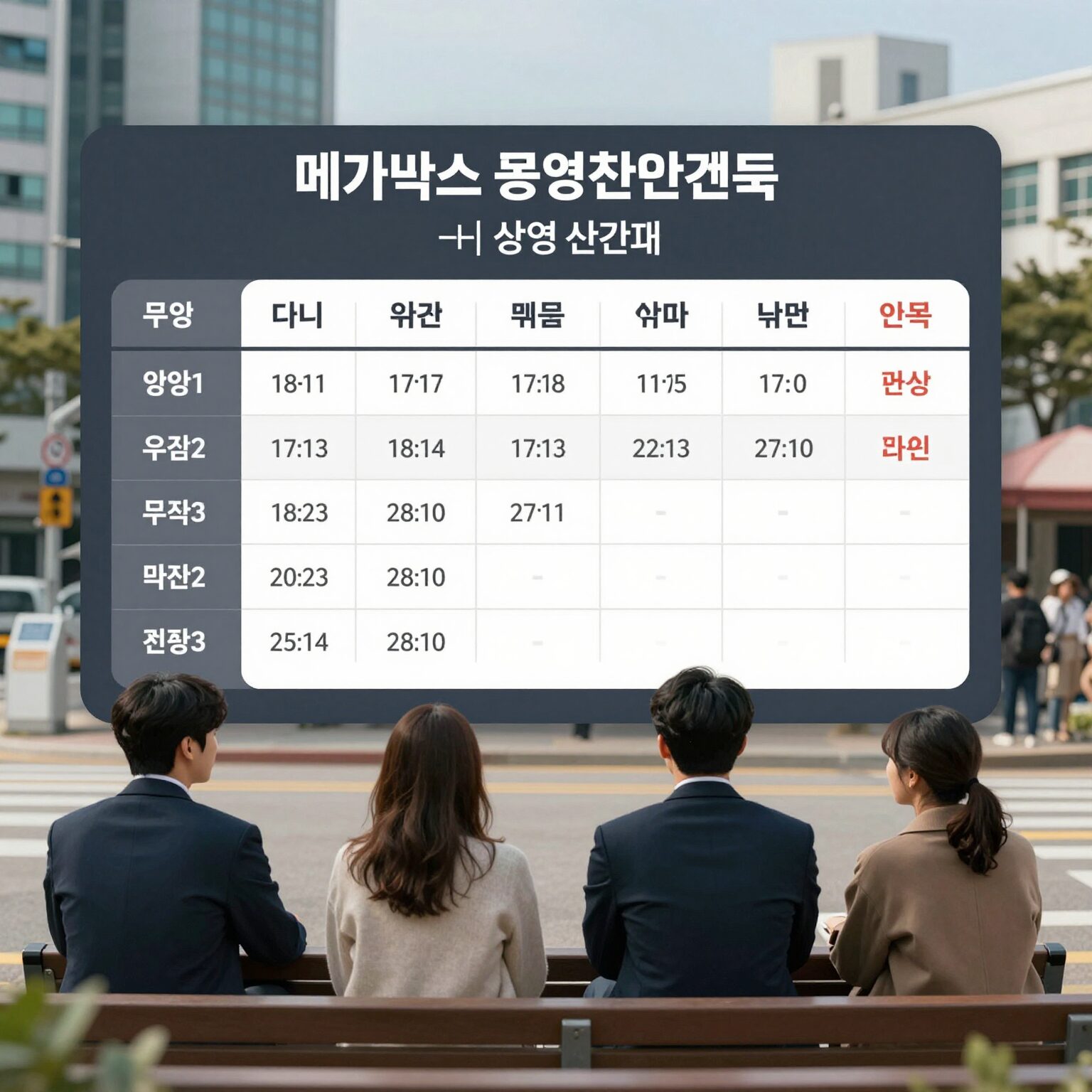 메가박스 공식 홈페이지에서 상영시간표를 조회하는 모습으로, 다양한 영화와 시간대, 잔여 좌석 정보를 확인할 수 있다.