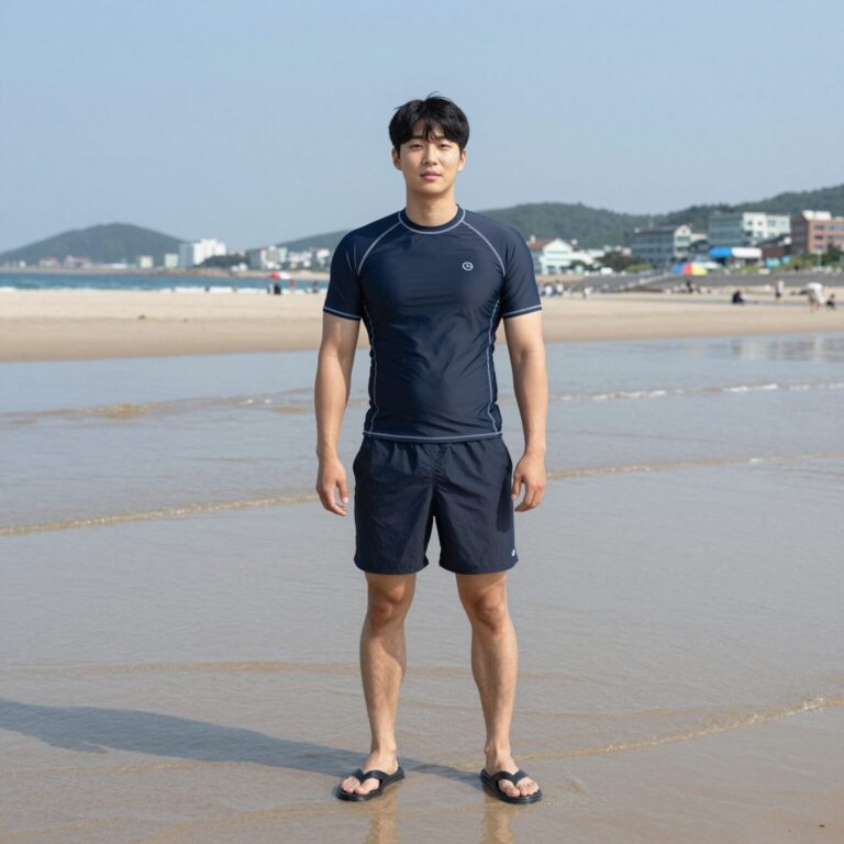 해변에서 착용한 남자 수영복 반바지와 래쉬가드 세트, 물놀이 후 자연스러운 일상룩 연출