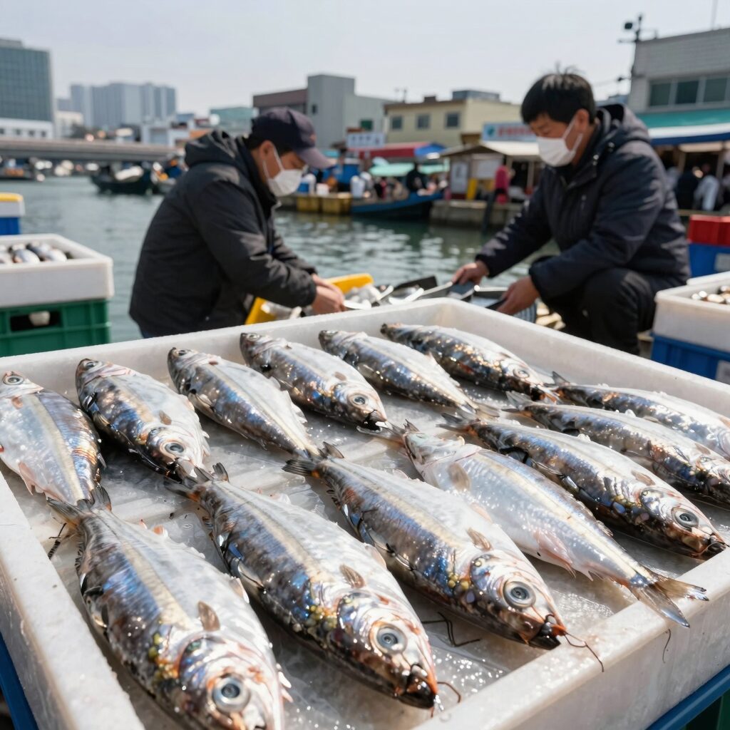 노량진 수산시장 강변상회에서 포장한 신선한 민어회 접시 위에 담긴 모습