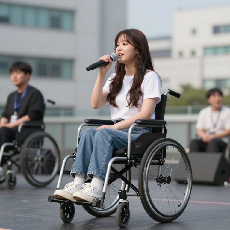 휠체어에 앉아 노래하는 현대화 가수의 미스트롯포유 무대 모습