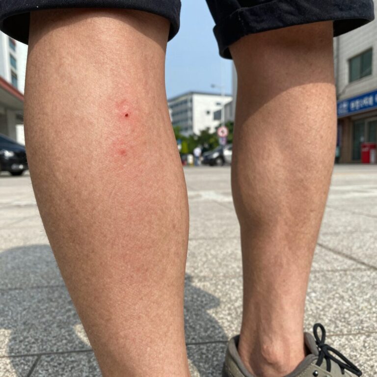 모기에 물려 부어오른 종아리 사진. 붉고 열감이 있는 염증 반응