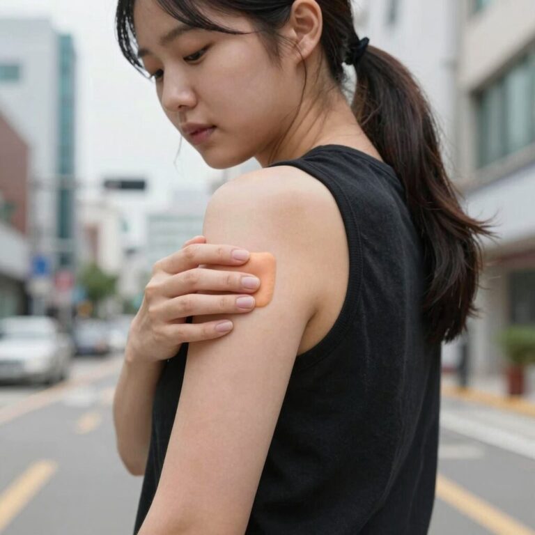 아이 팔에 모기 물렸을때 가려움 패치를 붙인 모습