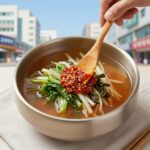 물회 양념 만들기 시원한 여름 별미 새콤달콤한 물회 양념 육수를 붓고 채소와 회를 담은 완성된 물회 그릇