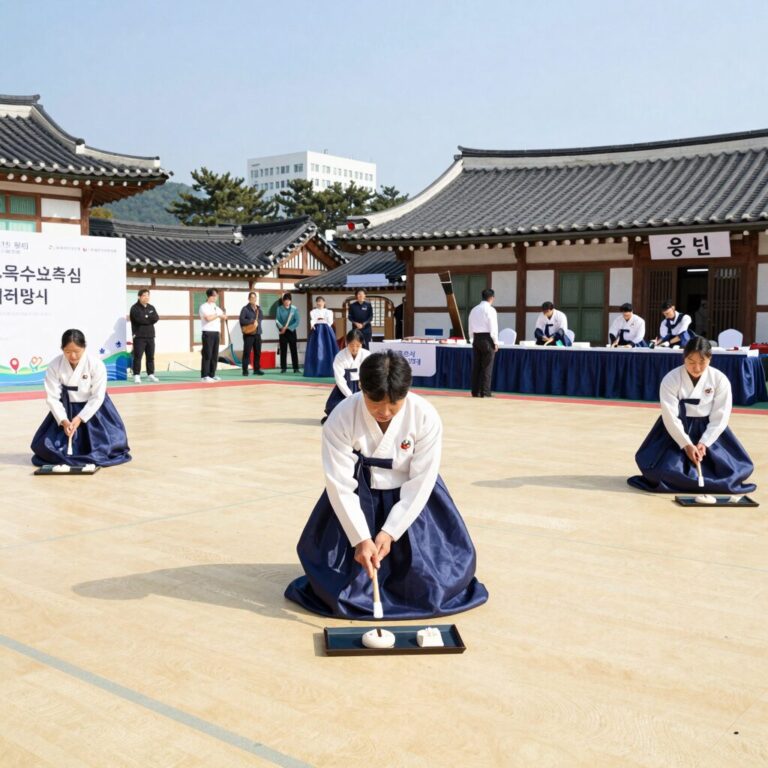 문막 옥수수축제 실내 행사장에서 떡메치기 경연이 진행되는 모습