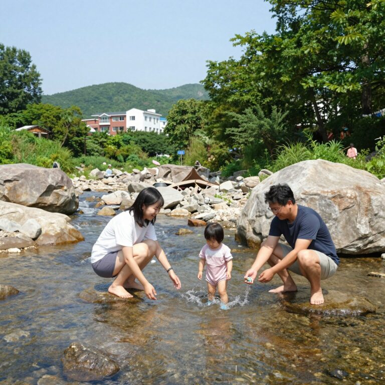 명돈골 캠핑장 계곡에서 물놀이하는 가족 모습