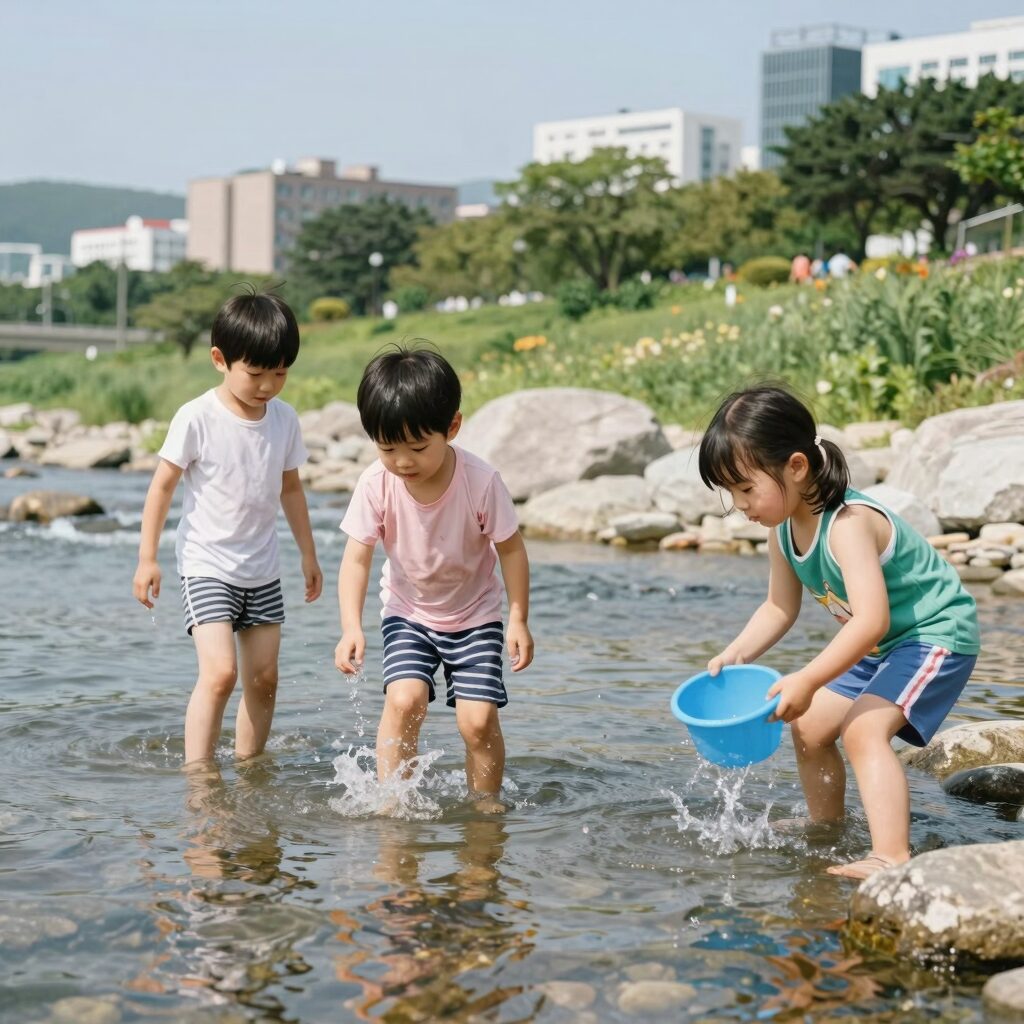 명지계곡에서 물놀이하는 아이들