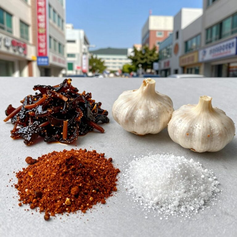 냉면 다대기 재료 준비 사진 고춧가루 마늘 생강 간장 식초 설탕 참기름