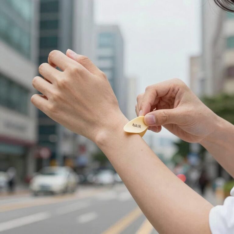 NAIR 왁스 스트립을 손목에 부착하고 떼어내는 과정을 보여주는 이미지