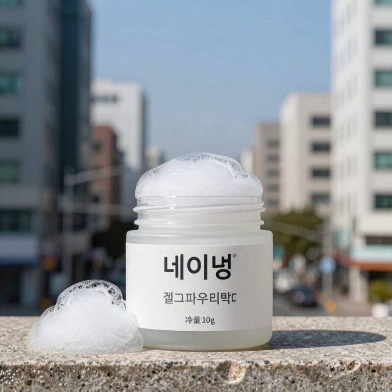 네이밍 젤리파우더팩트 제품 사진 젤리 제형과 퍼프가 함께 보이는 구성
