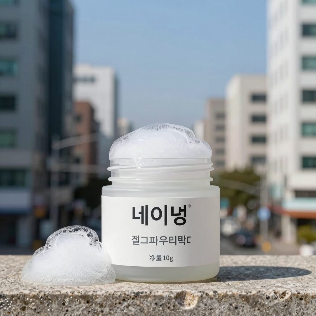 네이밍 젤리파우더팩트 제품 사진 젤리 제형과 퍼프가 함께 보이는 구성