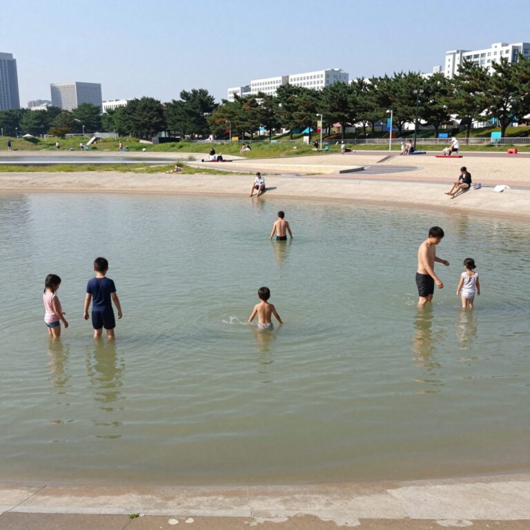 난지 한강공원 물놀이장 전경, 어린이와 가족이 물놀이를 즐기고 있는 모습