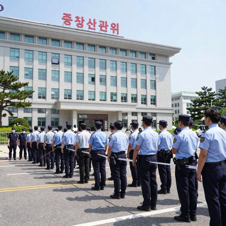 중앙선관위 건물 앞에서 검찰이 압수수색을 진행하는 모습